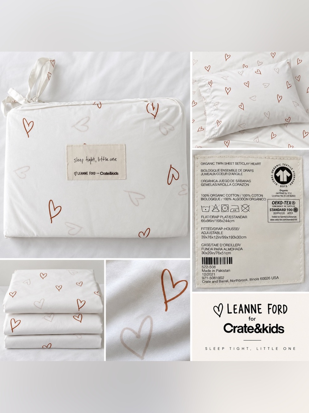 Crate & Barrel Leanne Ford Organic Twin Sheet Set Clay Heart 100% Cotton NWT